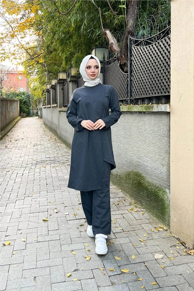 Kruvaze Bisiklet Yaka Sade Basic Tunik Panolon İkili Takım - 03076.017 - Antrasit - 12