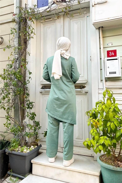 Kruvaze Bisiklet Yaka Sade Basic Tunik Panolon İkili Takım - 03076.100 - Çağla Yeşili - Resim 5