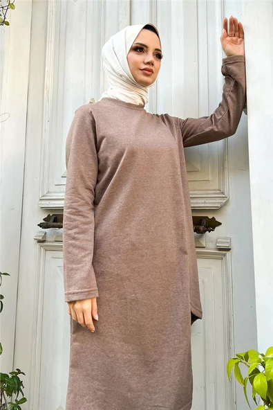 Kruvaze Bisiklet Yaka Sade Basic Tunik Panolon İkili Takım - 03076.016 - Vizon - Resim 12