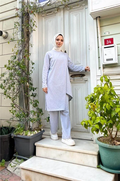 Kruvaze Bisiklet Yaka Sade Basic Tunik Panolon İkili Takım - 03076.008 - Gri - Resim 8