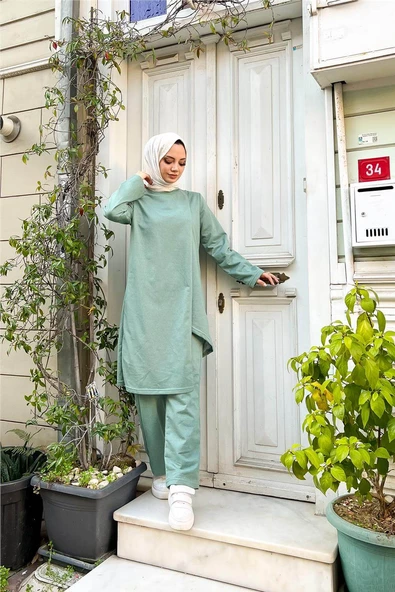 Kruvaze Bisiklet Yaka Sade Basic Tunik Panolon İkili Takım - 03076.100 - Çağla Yeşili - Resim 6