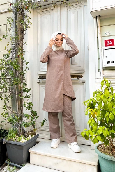 Kruvaze Bisiklet Yaka Sade Basic Tunik Panolon İkili Takım - 03076.016 - Vizon - Resim 4