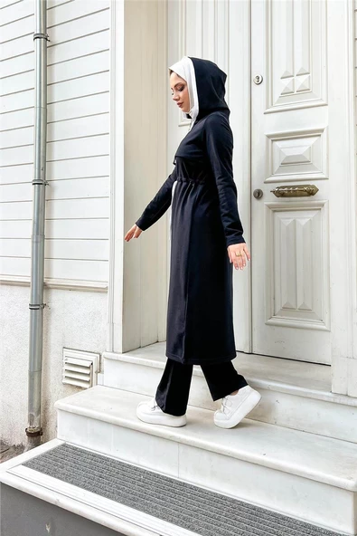 Kapşonlu Fermuarlı Belden Beyaz Bağcıklı Sade Basic İkili Spor Takımı - 03074.015 - Lacivert - Resim 7