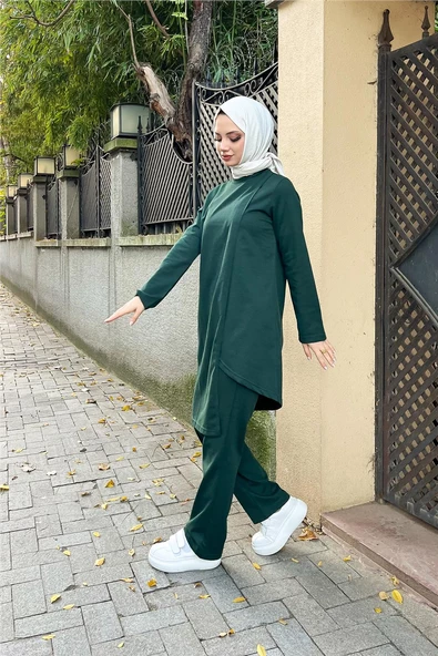 Kruvaze Bisiklet Yaka Sade Basic Tunik Panolon İkili Takım - 03076.021 - Nefti - 6