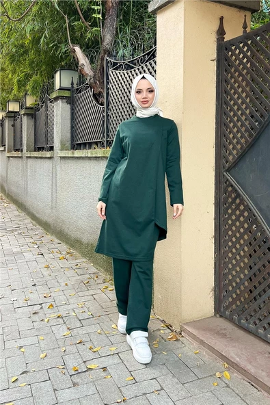 Kruvaze Bisiklet Yaka Sade Basic Tunik Panolon İkili Takım - 03076.021 - Nefti - 2