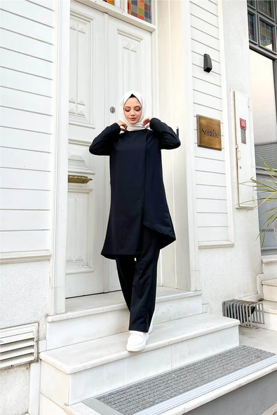 Kruvaze Bisiklet Yaka Sade Basic Tunik Panolon İkili Takım - 03076.003 - Siyah - Resim 9