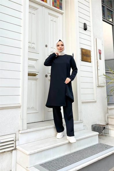 Kruvaze Bisiklet Yaka Sade Basic Tunik Panolon İkili Takım - 03076.003 - Siyah - Resim 8