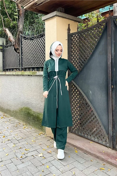 Kapşonlu Fermuarlı Belden Beyaz Bağcıklı Sade Basic İkili Spor Takımı - 03074.021 - Nefti - Resim 8