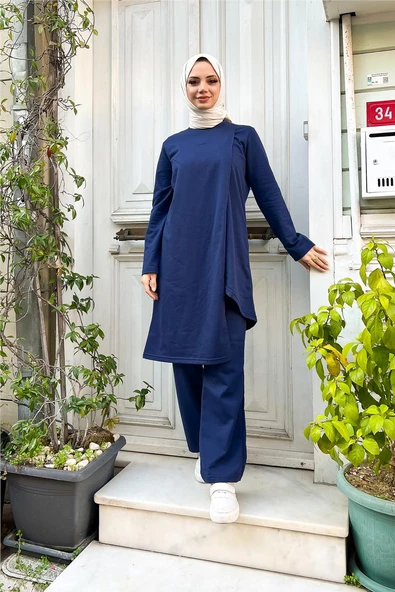 Kruvaze Bisiklet Yaka Sade Basic Tunik Panolon İkili Takım - 03076.202 - Açık Lacivert ürün görseli