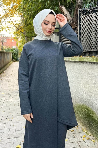Kruvaze Bisiklet Yaka Sade Basic Tunik Panolon İkili Takım - 03076.017 - Antrasit - 4