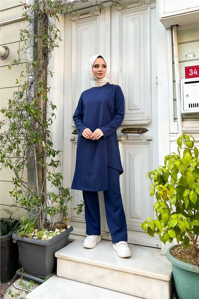 Kruvaze Bisiklet Yaka Sade Basic Tunik Panolon İkili Takım - 03076.202 - Açık Lacivert - Resim 3