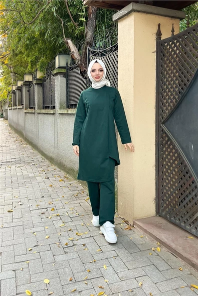 Kruvaze Bisiklet Yaka Sade Basic Tunik Panolon İkili Takım - 03076.021 - Nefti - 8