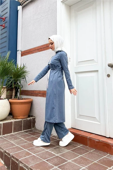 Kapşonlu Fermuarlı Belden Beyaz Bağcıklı Sade Basic İkili Spor Takımı - 03074.006 - İndigo - Resim 4