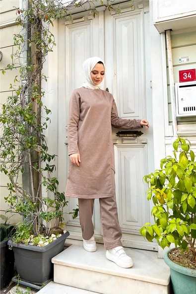 Kruvaze Bisiklet Yaka Sade Basic Tunik Panolon İkili Takım - 03076.016 - Vizon - Resim 11