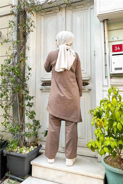 Kruvaze Bisiklet Yaka Sade Basic Tunik Panolon İkili Takım - 03076.016 - Vizon - Resim 9