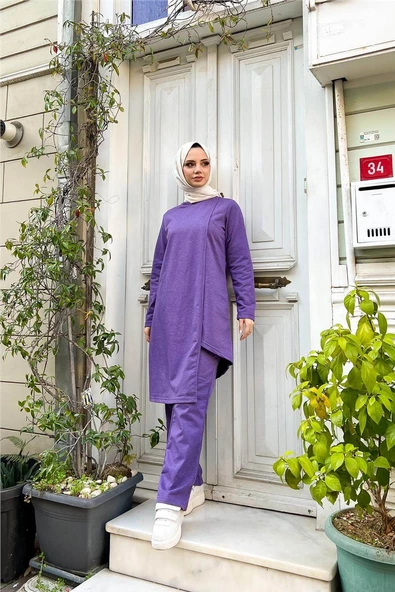 Kruvaze Bisiklet Yaka Sade Basic Tunik Panolon İkili Takım - 03076.207 - Koyu Lila - Resim 7