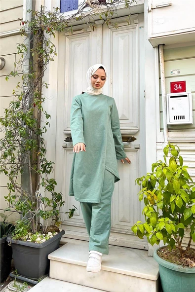 Kruvaze Bisiklet Yaka Sade Basic Tunik Panolon İkili Takım - 03076.100 - Çağla Yeşili - Resim 2