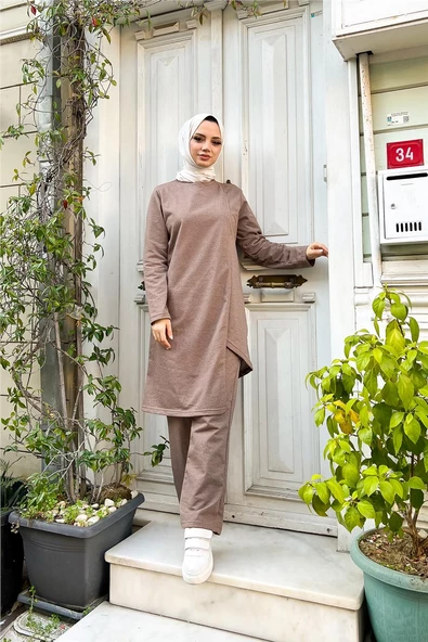 Kruvaze Bisiklet Yaka Sade Basic Tunik Panolon İkili Takım - 03076.016 - Vizon - Resim 5