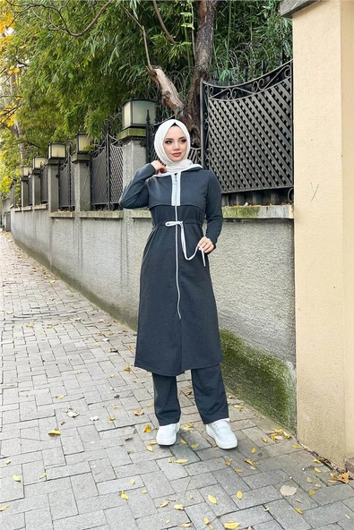 Kapşonlu Fermuarlı Belden Beyaz Bağcıklı Sade Basic İkili Spor Takımı - 03074.017 - Antrasit - 8