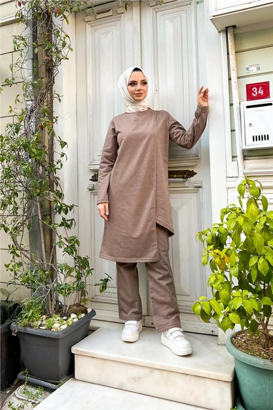 Kruvaze Bisiklet Yaka Sade Basic Tunik Panolon İkili Takım - 03076.016 - Vizon - Resim 10