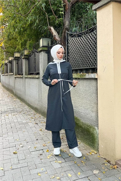 Kapşonlu Fermuarlı Belden Beyaz Bağcıklı Sade Basic İkili Spor Takımı - 03074.017 - Antrasit - 10