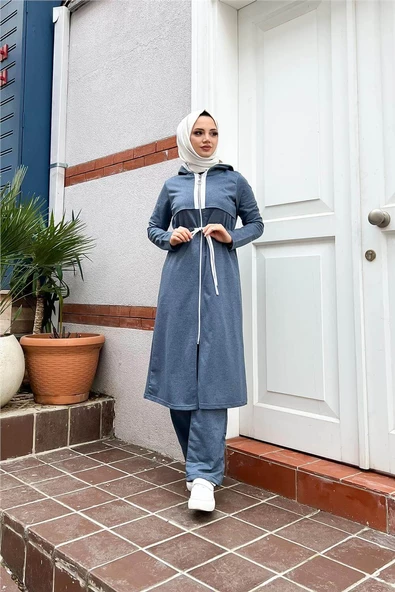 Kapşonlu Fermuarlı Belden Beyaz Bağcıklı Sade Basic İkili Spor Takımı - 03074.006 - İndigo - Resim 10