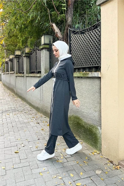 Kapşonlu Fermuarlı Belden Beyaz Bağcıklı Sade Basic İkili Spor Takımı - 03074.017 - Antrasit - 7