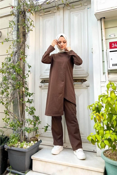 Kruvaze Bisiklet Yaka Sade Basic Tunik Panolon İkili Takım - 03076.028 - Kahverengi - Resim 7