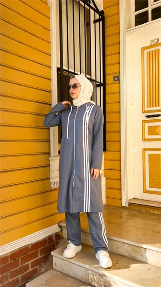 Fermuarlı Kapşonlu Uzun Tunik Pantolon İkili Tesettür Eşofman Takımı - 03077.006 - İndigo - 3