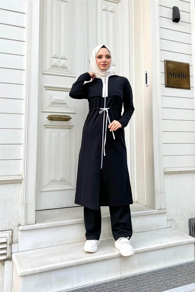 Kapşonlu Fermuarlı Belden Beyaz Bağcıklı Sade Basic İkili Spor Takımı - 03074.003 - Siyah - Resim 3