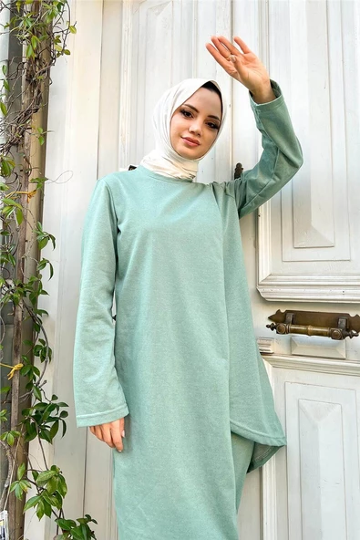 Kruvaze Bisiklet Yaka Sade Basic Tunik Panolon İkili Takım - 03076.100 - Çağla Yeşili - Resim 8