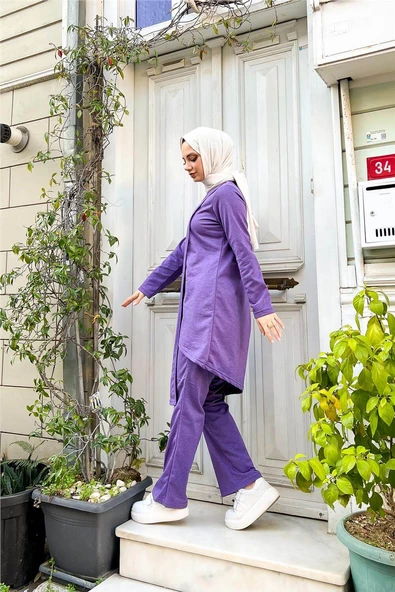 Kruvaze Bisiklet Yaka Sade Basic Tunik Panolon İkili Takım - 03076.207 - Koyu Lila - Resim 10