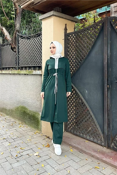 Kapşonlu Fermuarlı Belden Beyaz Bağcıklı Sade Basic İkili Spor Takımı - 03074.021 - Nefti - Resim 7