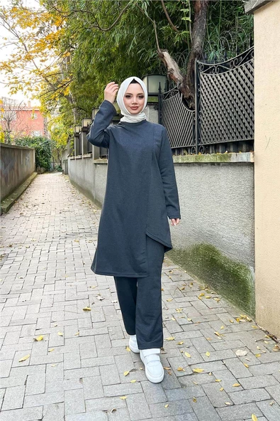 Kruvaze Bisiklet Yaka Sade Basic Tunik Panolon İkili Takım - 03076.017 - Antrasit - 2