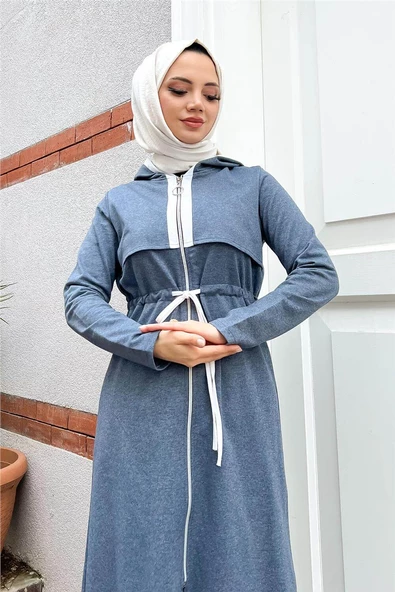 Kapşonlu Fermuarlı Belden Beyaz Bağcıklı Sade Basic İkili Spor Takımı - 03074.006 - İndigo - Resim 2