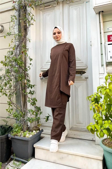 Kruvaze Bisiklet Yaka Sade Basic Tunik Panolon İkili Takım - 03076.028 - Kahverengi - Resim 2