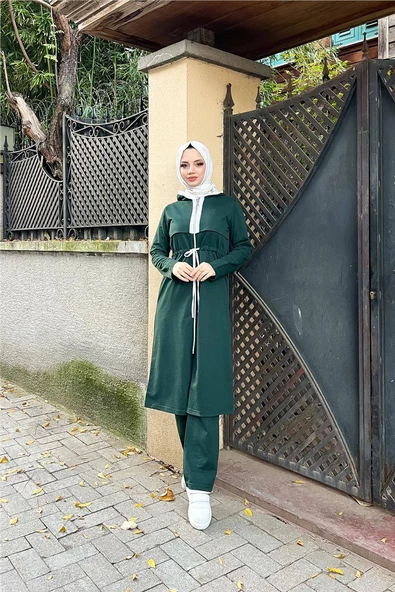 Kapşonlu Fermuarlı Belden Beyaz Bağcıklı Sade Basic İkili Spor Takımı - 03074.021 - Nefti - Resim 2