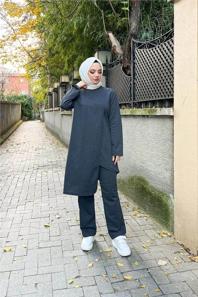 Kruvaze Bisiklet Yaka Sade Basic Tunik Panolon İkili Takım - 03076.017 - Antrasit - 11