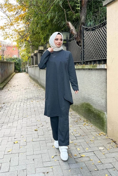 Kruvaze Bisiklet Yaka Sade Basic Tunik Panolon İkili Takım - 03076.017 - Antrasit - 7