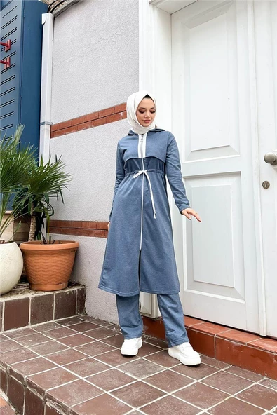 Kapşonlu Fermuarlı Belden Beyaz Bağcıklı Sade Basic İkili Spor Takımı - 03074.006 - İndigo - Resim 7