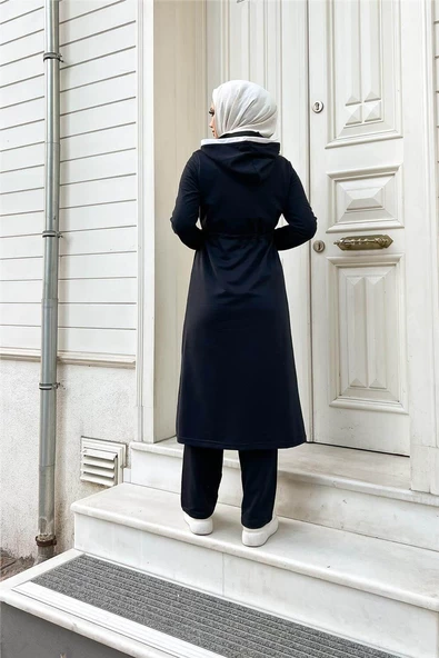 Kapşonlu Fermuarlı Belden Beyaz Bağcıklı Sade Basic İkili Spor Takımı - 03074.015 - Lacivert - Resim 3