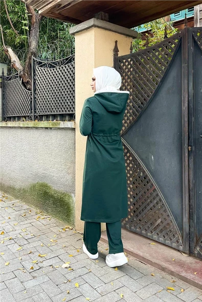 Kapşonlu Fermuarlı Belden Beyaz Bağcıklı Sade Basic İkili Spor Takımı - 03074.021 - Nefti - Resim 6