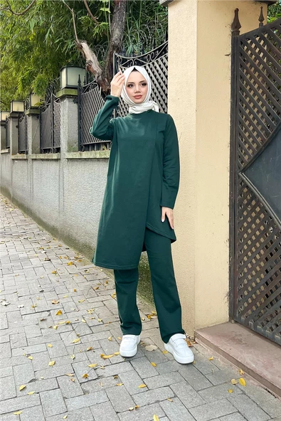 Kruvaze Bisiklet Yaka Sade Basic Tunik Panolon İkili Takım - 03076.021 - Nefti - 5