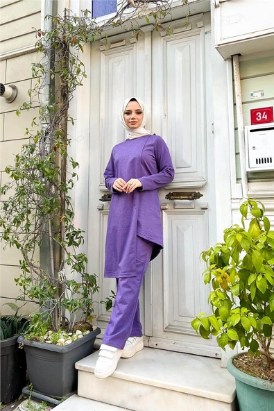 Kruvaze Bisiklet Yaka Sade Basic Tunik Panolon İkili Takım - 03076.207 - Koyu Lila - Resim 8