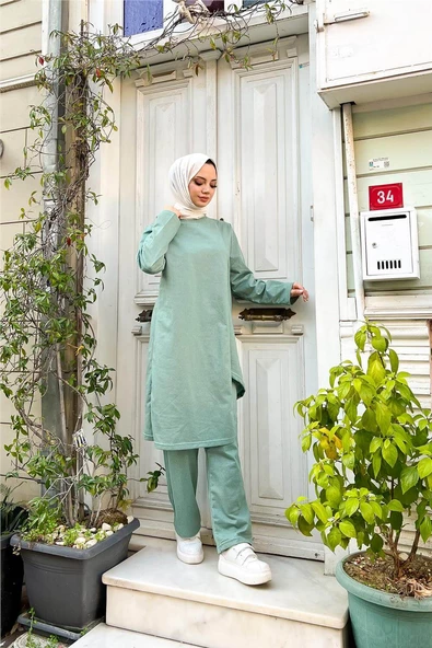 Kruvaze Bisiklet Yaka Sade Basic Tunik Panolon İkili Takım - 03076.100 - Çağla Yeşili - Resim 3