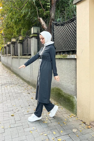Kapşonlu Fermuarlı Belden Beyaz Bağcıklı Sade Basic İkili Spor Takımı - 03074.017 - Antrasit - 6