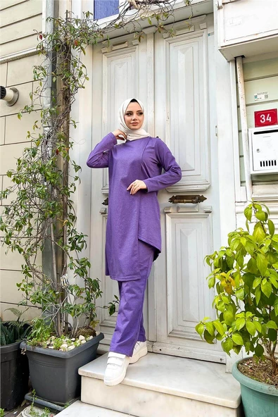 Kruvaze Bisiklet Yaka Sade Basic Tunik Panolon İkili Takım - 03076.207 - Koyu Lila - Resim 9