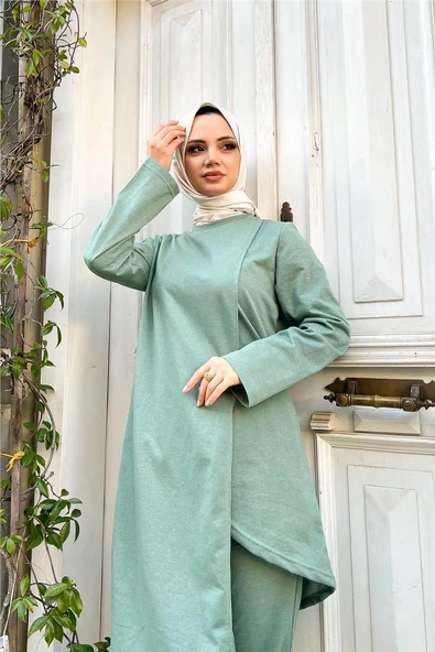 Kruvaze Bisiklet Yaka Sade Basic Tunik Panolon İkili Takım - 03076.100 - Çağla Yeşili - Resim 10