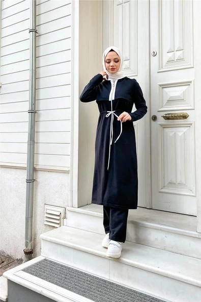 Kapşonlu Fermuarlı Belden Beyaz Bağcıklı Sade Basic İkili Spor Takımı - 03074.015 - Lacivert - Resim 12