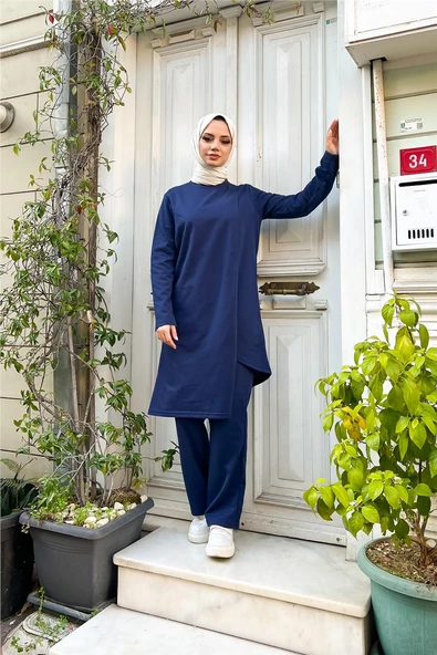 Kruvaze Bisiklet Yaka Sade Basic Tunik Panolon İkili Takım - 03076.202 - Açık Lacivert - Resim 4